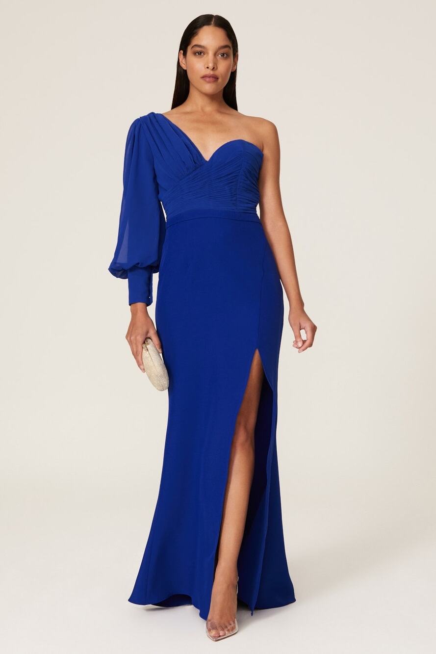 ELLE ZEITOUNE Royal Blue One-Shoulder Puff Sleeve Thigh-High Charles Gown Size L